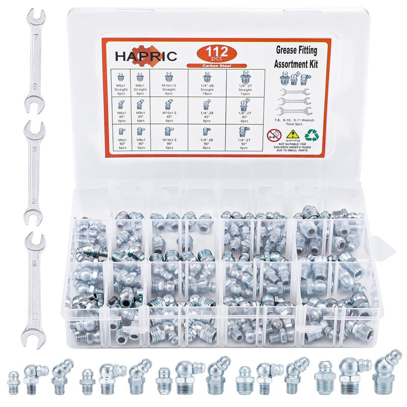 Hapric 112 Pcs Grease Zerk Fittings Kits, SAE & Metric Hydraulic Grease Fitting Assortment Straight 45 90 Degree with Wrench Kit(7-11mm) for Grease Gun Automotive Mechanery - Image 1
